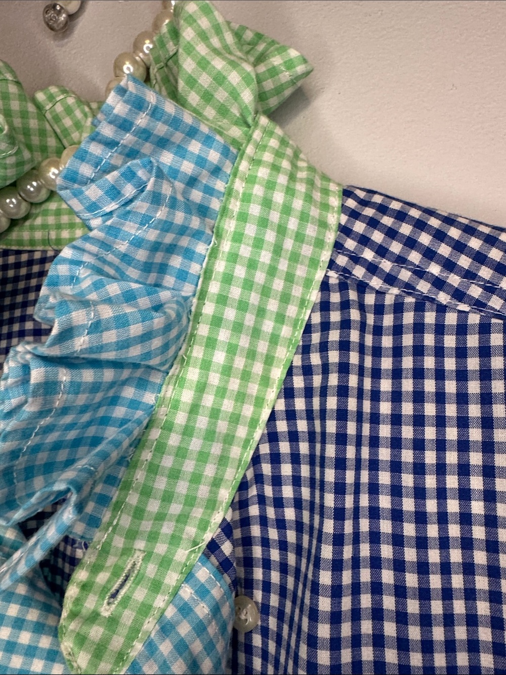 Chaps Colorblock Gingham Ruffled collar Shirt in Blue & Green